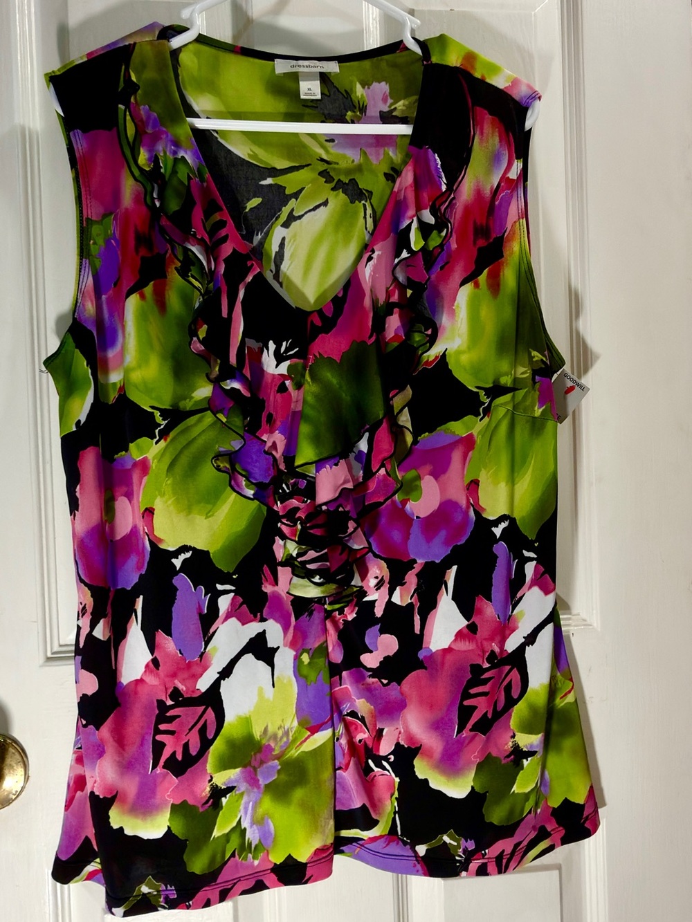 Dress Barn Sleeveless Ruffle V-Neck Floral Top - Pink & Green